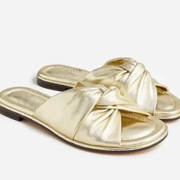J. Crew Menorca Twisted Knot Metallic Leather Sandals Slides Gold 9 Vacation - Picture 1 of 3
